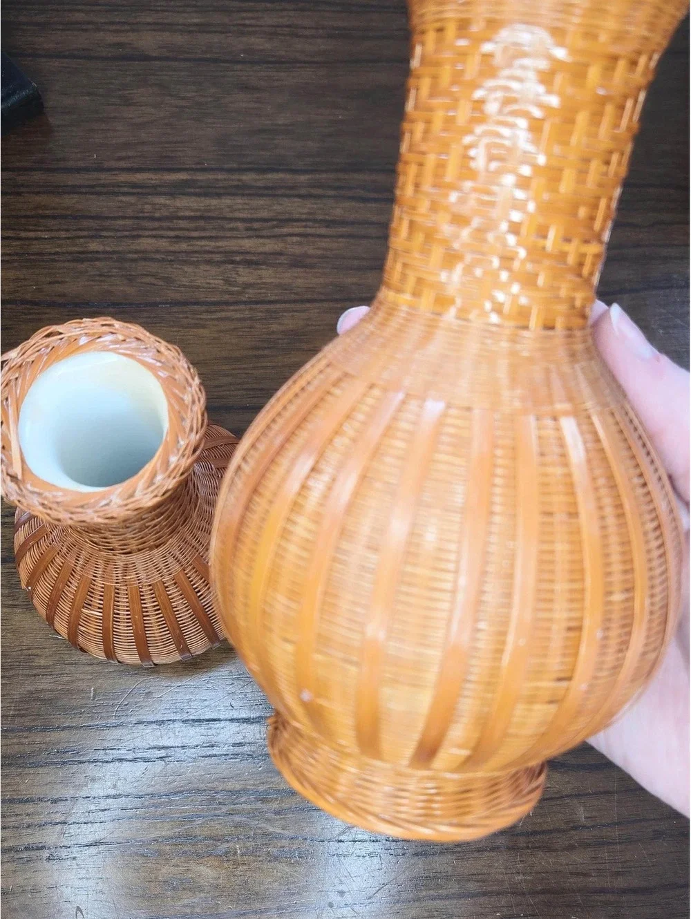 Vintage Bamboo Wrapped Ceramic Boho Vases, Set of 2